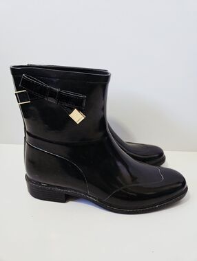 Burberry Westcott Rain Boots Size 39 US 9 Black Slip On Mid Calf Bow Detail EUC
